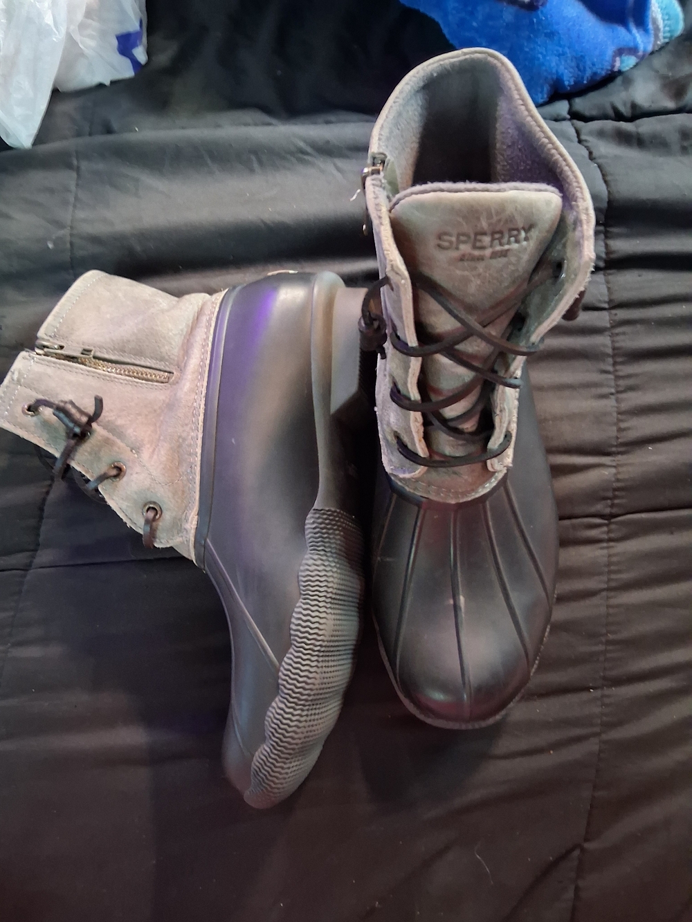 Sperry Black and Gray Waterproof Duck Boots with Suede Upper